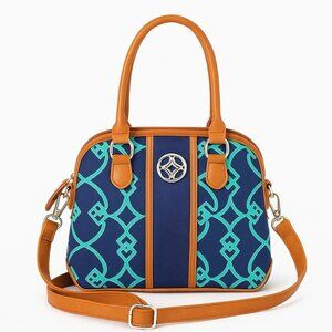 Croft & Barrow - Navy & Teal Patterned Satchel Crossbody Bag with Tan Faux Leath